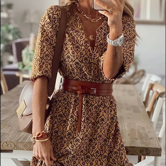 43 Brown Black Pattern Silky Soft Maxi Long Bohemian Boho Dress Short Sleeve - Picture 3 of 6